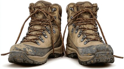 A pair of well-worn, tan hiking boots with brown laces, showing dirt and wear on the lower portions, set against a white background, viewed from a slightly elevated angle