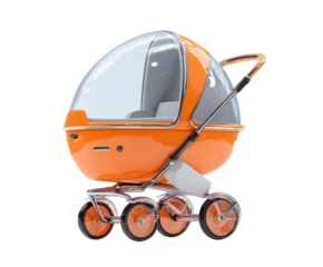 Modern futuristic orange baby stroller, an innovative design with unique clear dome, isolated on transparent background
