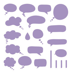 Collection of purple speech bubbles and thought bubbles on white background