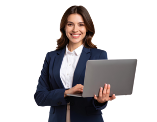 Businesswoman Holding Laptop, Smiling While Engaging with Media and Sharing Content on transparent background.