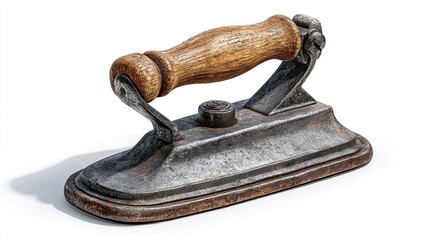 Antique cast iron smoothing iron with wooden handle, showing signs of age and use