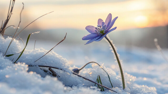 Delicate purple wildflower emerges from winter snow bathed in soft golden sunrise light