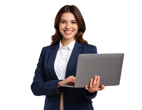 Businesswoman Holding Laptop, Smiling While Engaging with Media and Sharing Content on transparent background.