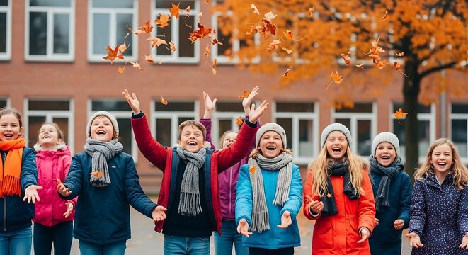 Group of happy schoolchildren having fun together, throwing colorful autumn leaves in the air on the schoolyard
