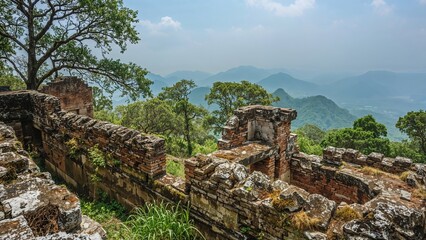 Historic ruins of old structures found primarily at elevations of 600 to 800 meters, enveloped in green moss and frost.