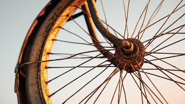 Close-up captures the rusted, aged details of a bicycle wheel and spokes against a gradient sky