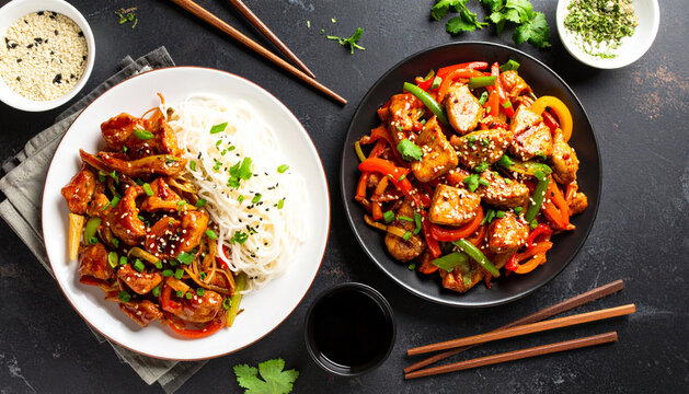 Traditional Chinese food cuisine of grilled chicken breast pieces, white rice, top view. AI - Powered by Adobe