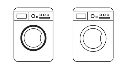Two stylized black and white illustrations of modern washing machines, front view, ready for cleaning.