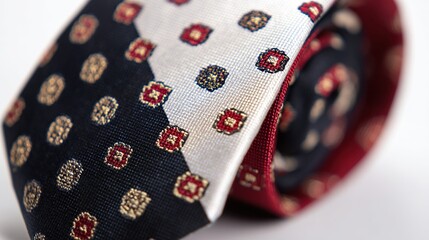 Close-up of a rolled necktie, displaying patterns of squares on alternating navy, white, and red fabric