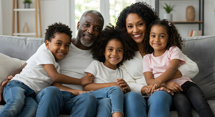 Portrait of happy mature couple with son and daughter relaxing on sofa at home. Middle aged black woman with husband and children smiling and looking at camera. Beautiful mid african american family.
