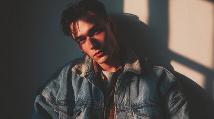 A young man with dark hair, wearing a denim jacket, leans against a wall, bathed in warm, contrasting sunlight casting strong shadows.  His expression is serious and intense