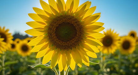Fototapeta premium Close-up of a Vibrant Sunflower in a Field, Summer Sunlight high quality