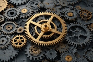 Interlocking gears, gold & silver tones, intricate design, mechanical, complex