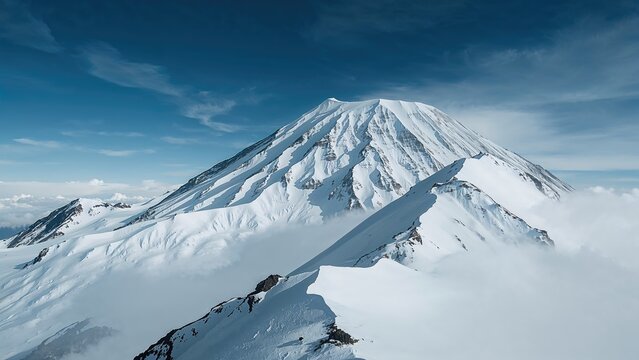 Snow-covered summit of Citlalt&Atilde;&copy;petl volcano with a clear sky and cloud formations visible from a high vantage point.