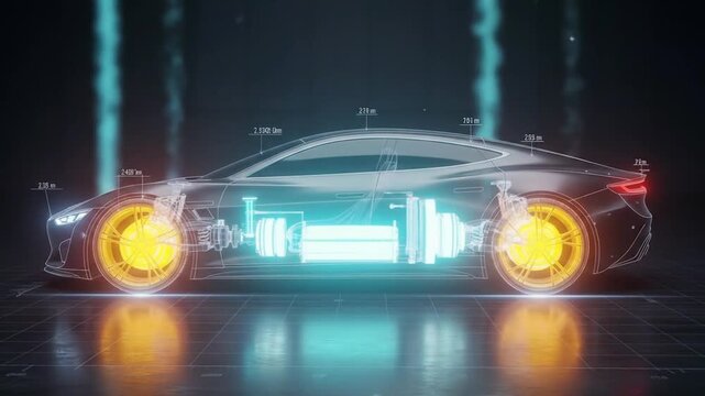 Futuristic Autonomous Electric Car Blueprint Animation Showing Advanced Drive System Sensors and Regenerative Braking