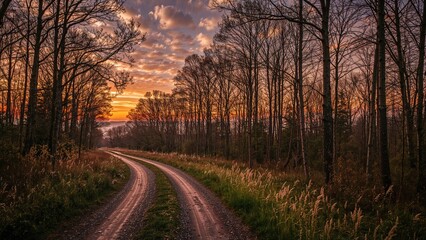 Fototapeta premium Gravel road surrounded by trees under sunset sky