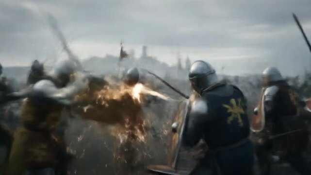 Medieval knights engaging in intense battle with swords and shields during a historical reenactment