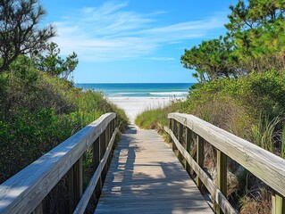 Obraz premium Wooden walkway leading to a pristine beach