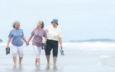 Happy senior women enjoying a playful walk on the beach, laughing and holding hands