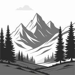 Vector illustration of a cold, snowy winter mountain forest landscape with frosted pine trees
