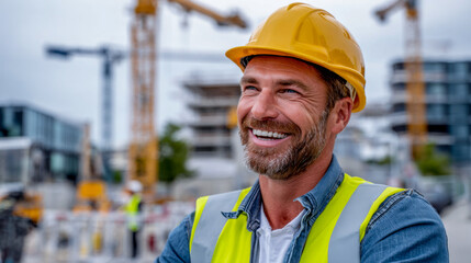 Smiling construction worker wearing a yellow hard hat and safety vest stands confidently at a building site with cranes and construction activity in the background, showcasing professionalism