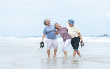 Happy senior women enjoying a playful walk on the beach, laughing and holding hands