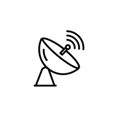Simple black and white line drawing of a satellite dish transmitting signal waves.