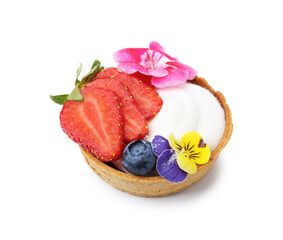 One sweet tartlet with berries and flowers isolated on white. Delicious dessert