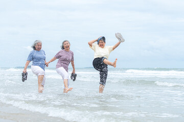 Happy senior women enjoying a playful walk on the beach, laughing and holding hands