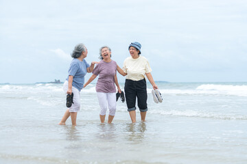 Happy senior women enjoying a playful walk on the beach, laughing and holding hands