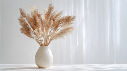 A creamy white vase holds a bouquet of dried pampas grass against a sheer white curtain backdrop.  Soft light casts subtle shadows on the white surface