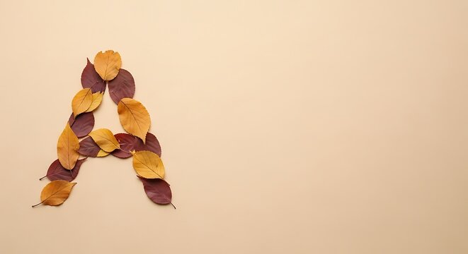 Letter A of the English alphabet made from colorful autumn leaves on a beige background. Natural floral font concept for the fall season.