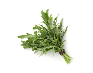 Bunch of fresh green arugula leaves isolated on white, top view