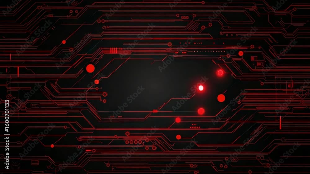 Poster abstract red circuit board design with lines, dots, and patterns on a dark background for technology