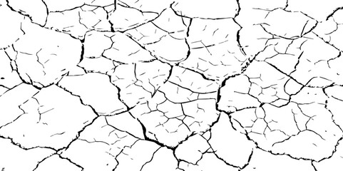Cracked dry earth texture in high contrast black and white, resembling parched soil or desert floor. Ideal for backgrounds, nature-themed designs, or illustrating drought and environmental concepts.