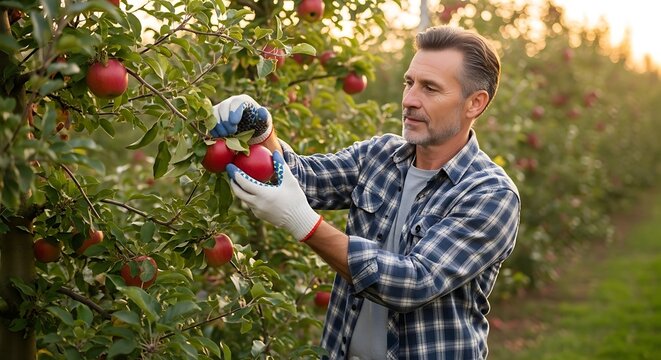 Mature male farmer carefully harvesting ripe red apples from a tree in a sun-drenched orchard during autumn.