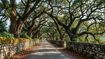 Fototapeta premium Tree-lined rural road surrounded by stone walls covered in moss and climbing plants creating a natural archway over the pathway.
