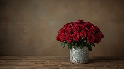 Metal pots filled with roses set on a brown surface for Valentine's occasion