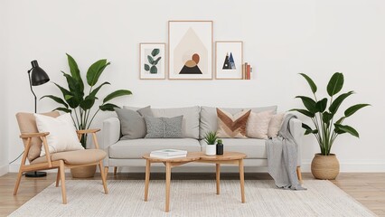 Obraz premium Comfortable living space design featuring hygge-inspired plants, armchair, sofa, and lamp. Boho elements like books, fireplace, and kettle included.