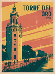 Fototapeta premium Vintage Travel Poster Of Torre Del Oro In Seville, Spain. Iconic Landmark, Retro Style, Spanish Architecture, Guadalquivir River, travel agencies, souvenir merchandise, home decor