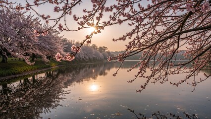 Serene lakeside adorned with blooming cherry trees