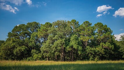 Dense green forest with tall pine trees under a clear blue sky and scattered clouds on a sunny day in a natural landscape setting