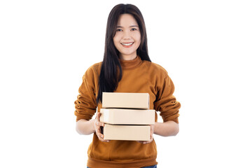 Happy Asian online seller holding small packages. E-commerce entrepreneur with delivery boxes for shipping. isolated on white background with clipping path.