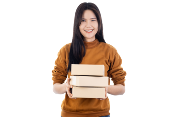 Happy Asian online seller holding small packages. E-commerce entrepreneur with delivery boxes for shipping. isolated on white background with clipping path.