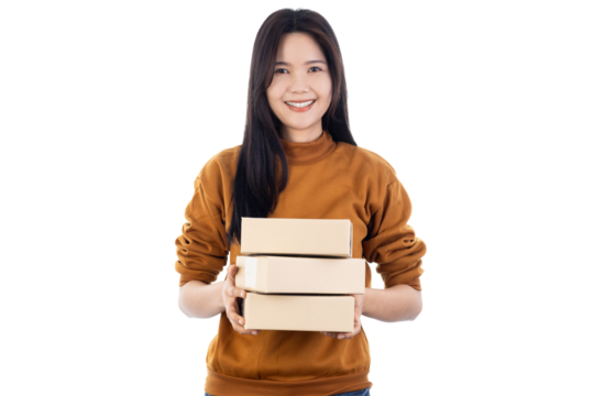 Happy Asian online seller holding small packages. E-commerce entrepreneur with delivery boxes for shipping. isolated on white background with clipping path.