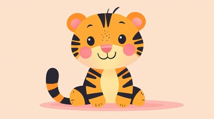 Cute cartoon tiger cub sitting on pink