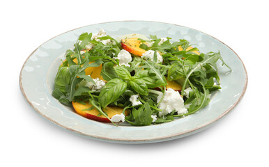 Tasty salad with arugula, cheese, peach and basil isolated on white