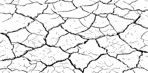 Cracked dry earth texture in high contrast black and white, resembling parched soil or desert floor. Ideal for backgrounds, nature-themed designs, or illustrating drought and environmental concepts.