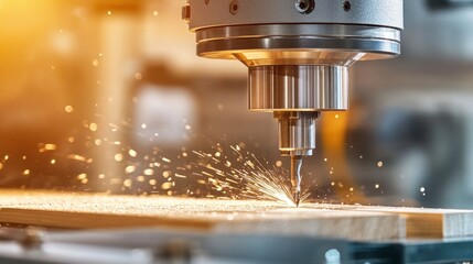 Cnc machine precisely carving wood close up view showing golden sparks and detail of industrial process