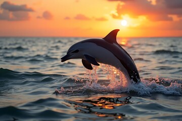 Fototapeta premium A solitary dolphin soars through the air, illuminated by the warm hues of a breathtaking sunset, capturing a moment of freedom and marine beauty.